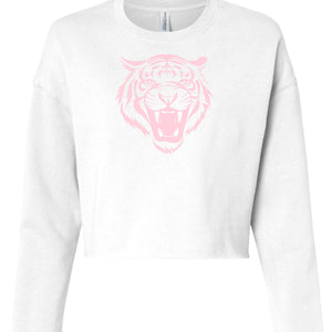 White cropped sweatshirt with pastel pink tiger graphic, lightweight women's pullover by Independent Trading Co.