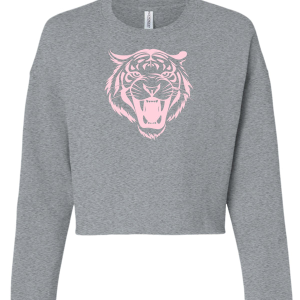 Gray cropped sweatshirt with pastel pink tiger head graphic for women streetwear