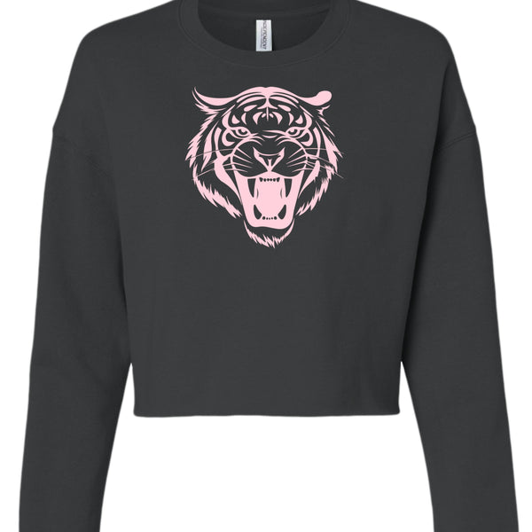 Women's cropped sweatshirt with pastel pink tiger head graphic on black fabric, streetwear style