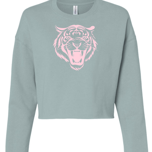 Pastel pink tiger head graphic on cropped sweatshirt for women streetwear style