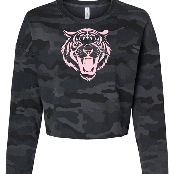 Women's cropped sweatshirt with pastel pink tiger head graphic on black camo background