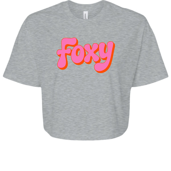 Vintage 70s women's grey cropped graphic tee with pink and orange "Foxy" lettering
