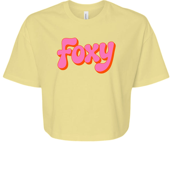 Vintage 70s yellow cropped tee with pink and orange Foxy graphic, relaxed fit women's retro t-shirt