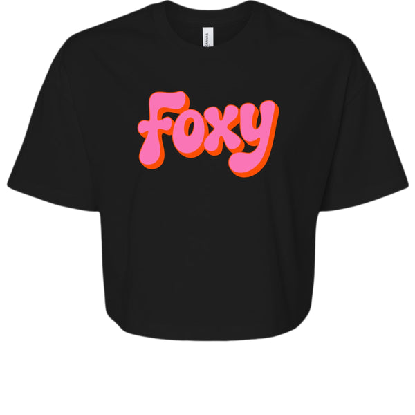 Vintage 70s black cropped tee with bold pink and orange "Foxy" graphic lettering