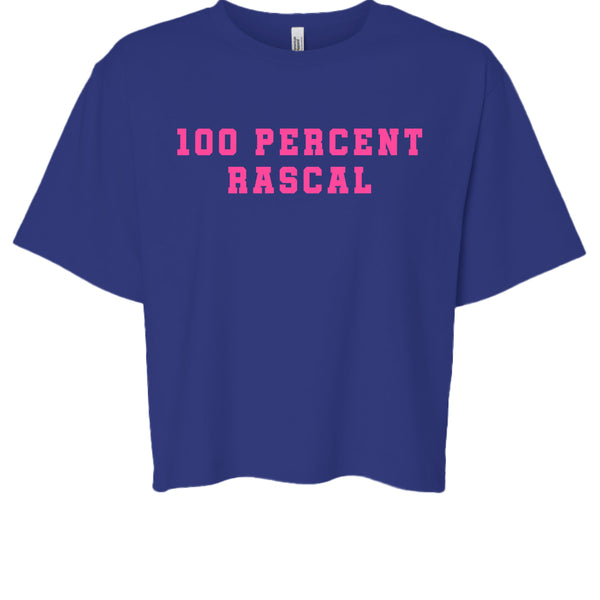 Blue cropped t-shirt with bold pink "100 Percent Rascal" cheeky vibe graphic