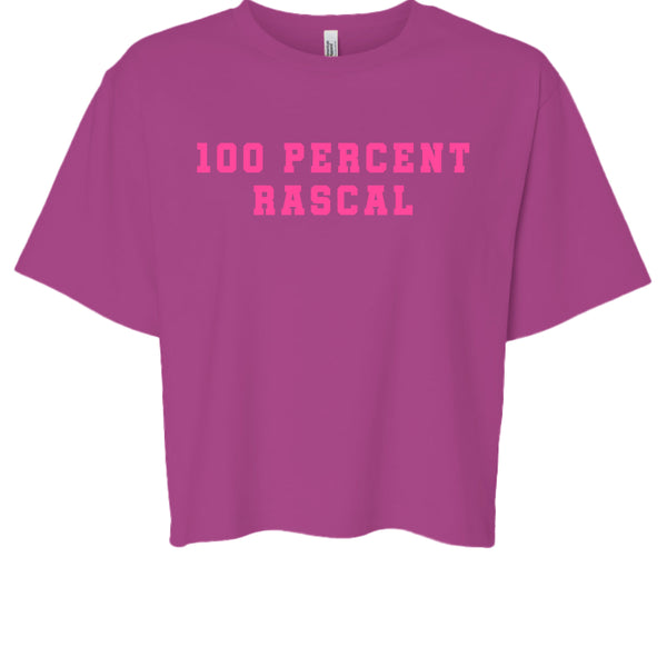 women's cheeky vibe cropped t-shirt with bold pink "100 Percent Rascal" graphic on purple boxy tee