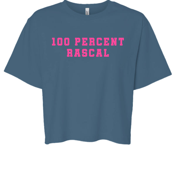 Blue cropped boxy tee with bold pink "100 Percent Rascal" text for a cheeky vibe style