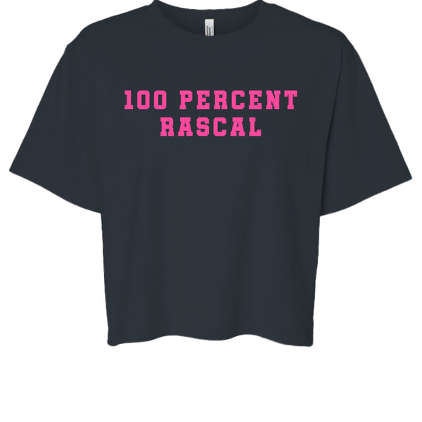 black cropped t-shirt with bold pink "100 PERCENT RASCAL" text for cheeky vibe style