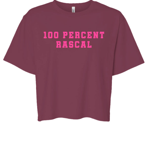 women's cheeky vibe cropped t-shirt with pink "100 Percent Rascal" varsity lettering on maroon boxy fit tee
