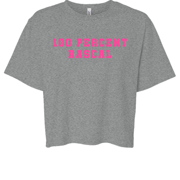 grey cropped t-shirt with bright pink cheeky vibe 100 percent rascal graphic print