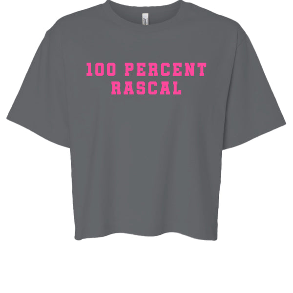 gray cropped t-shirt with bright pink "100 PERCENT RASCAL" print in cheeky vibe style