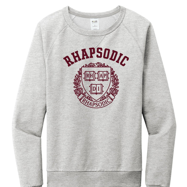 Gray Rhapsodic U Crest sweatshirt with bold collegiate graphic, premium organic cotton statement clothing