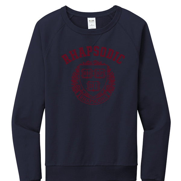 Navy blue Rhapsodic U Crest sweatshirt with collegiate graphic, premium organic cotton crewneck, stylish statement clothing piece