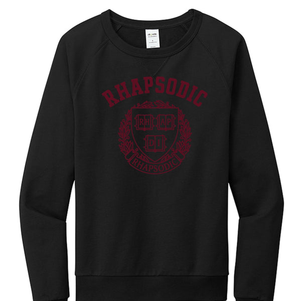 Black Rhapsodic U Crest sweatshirt featuring collegiate emblem, organic cotton crewneck, bold statement clothing style