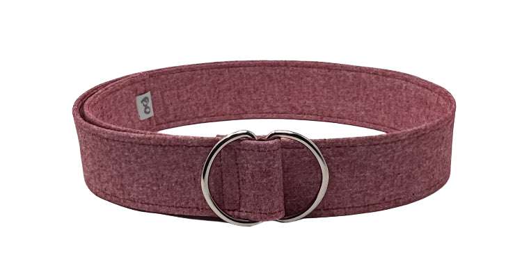 Red cotton slub fabric belt with double D-ring buckle, 2-inch wide, adjustable and textured design.
