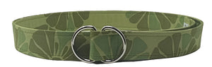 Botanical print cotton belt in green floral design, adjustable with silver D-ring closure