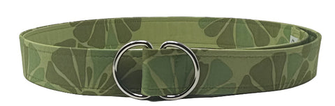 Botanical print cotton belt in green floral design, adjustable with silver D-ring closure
