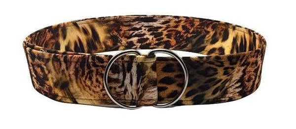Animal print belt with tiger and leopard design in golden tones