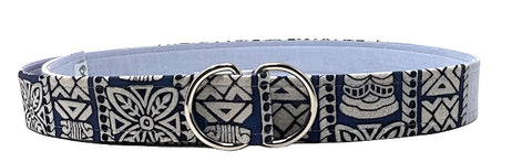 Tribal belt in purple and navy patchwork cotton with silver D-ring buckle, boho festival fashion accessory.