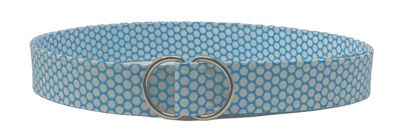 Turquoise belt with mod white polka dots and double metal ring buckle