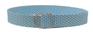 Turquoise belt with mod white polka dots and double metal ring buckle