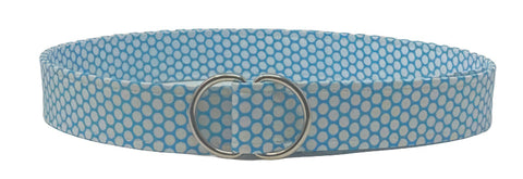 Golfer belt by Oliver Green in turquoise cotton with mod dot print and polished D-ring buckle