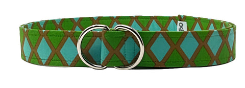 Oliver Green diamond pattern fashion belt featuring turquoise and chocolate geometric print