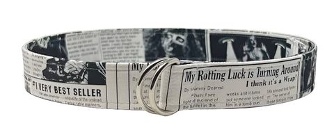 Horror accessory belt by Oliver Green in cotton with zombie-inspired motif and polished D-ring buckle
