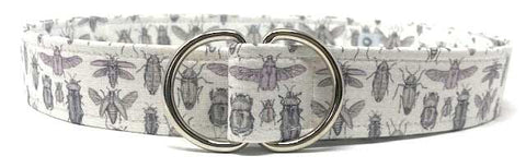 Beetle print belt by Oliver Green featuring cotton webbing with bold beetle pattern and polished silver D-ring buckle
