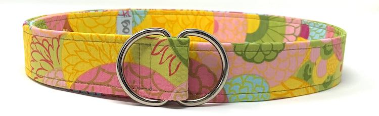 Bright yellow and pink floral D-ring belt with vibrant bouquet pattern, 1.5 inches wide and 42 inches long