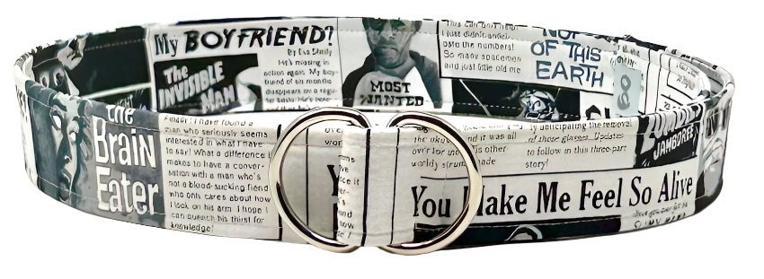 Apocalypse-themed reversible black and white D-ring belt with vintage zombie cartoon print by Oliver Green
