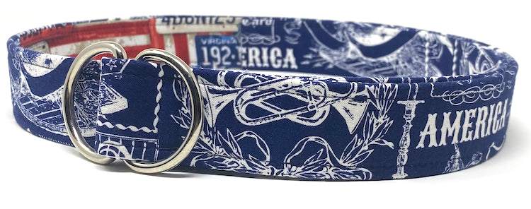 America Navy Blue D-ring belt with patriotic white prints and silver hardware by Oliver Green