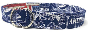 America Navy Blue D-ring belt with patriotic white prints and silver hardware by Oliver Green