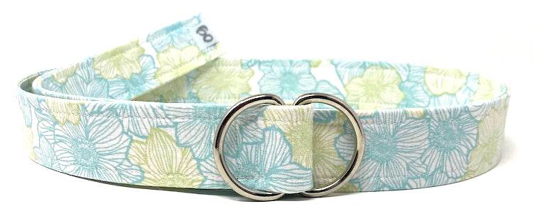 pastel floral graphic belt in soft blue and green hues with metal double ring buckle