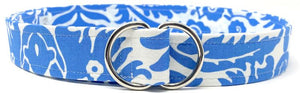 Blue floral patterned d-ring belt with silver buckle for summer wear