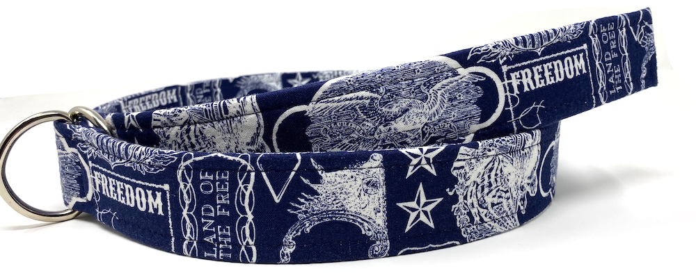 Navy blue Freedom Belt with white patriotic symbols and D-ring buckle for men's and women's medium sizes