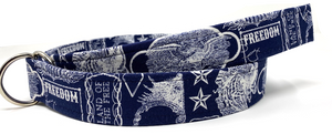 Navy blue Freedom Belt with white patriotic symbols and D-ring buckle for men's and women's medium sizes