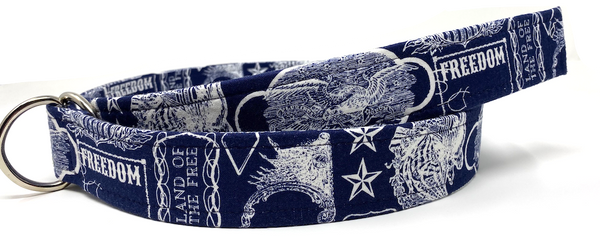 Navy blue Freedom Belt with white patriotic symbols and D-ring buckle for men's and women's medium sizes