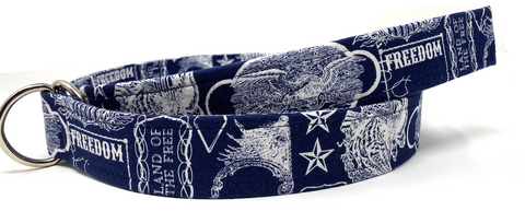 Patriotic clothing belt with navy cotton webbing and D-ring buckle