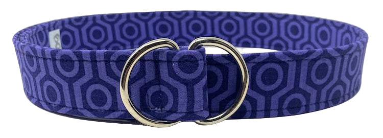 Cymatic navy and purple geometric fabric belt with double metal rings handcrafted by Oliver Green