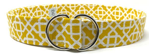 Mustard yellow geometric fabric belt with silver d-ring buckle, 1.5 inches wide and 42 inches long