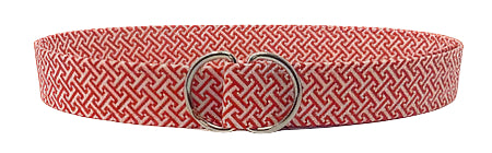 Greek key design belt by Oliver Green in cherry red cotton with polished D-ring buckle and classic meander motif.
