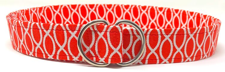 Sailing belt by Oliver Green featuring red cotton with nautical design and polished silver D-ring buckle.