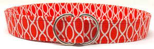Sailing belt by Oliver Green featuring red cotton with nautical design and polished silver D-ring buckle.