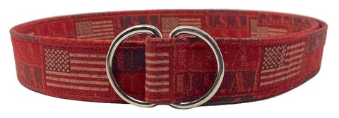 Patriotic apparel belt by Oliver Green featuring USA flag cotton design with stars, stripes, and polished silver D-ring buckle