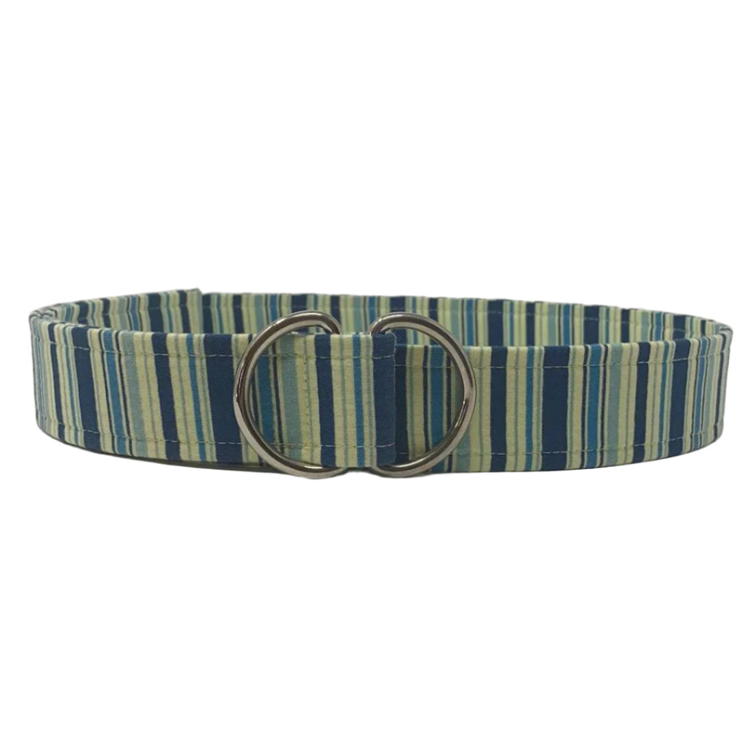 Blue and yellow striped fabric belt with adjustable double D-ring closure for casual and preppy style