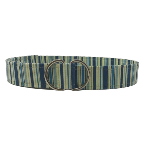 Striped belt in blue and yellow cotton with silver D-ring closure