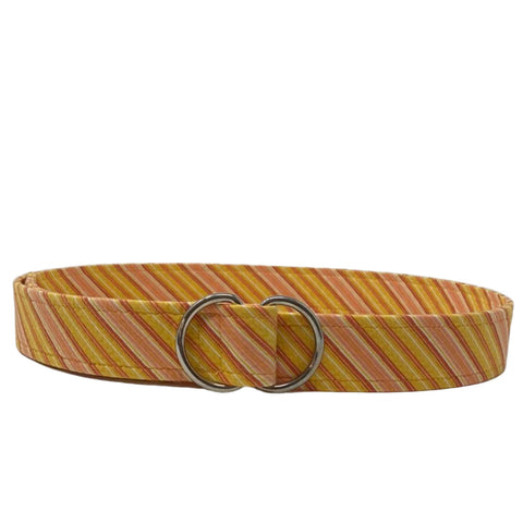 Orange belt with bold diagonal stripes and silver D-ring closure