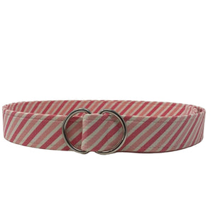 Pink belt with white diagonal stripes and silver D-ring buckle
