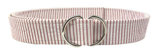Seersucker belt in Nantucket Red with white stripes and D-ring closure